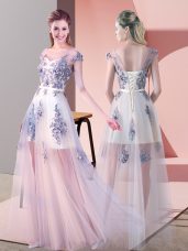 Pink Empire Appliques Homecoming Dress Lace Up Tulle Cap Sleeves Floor Length