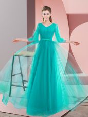 Glorious Tulle V-neck Long Sleeves Lace Up Beading Dress for Prom in Turquoise