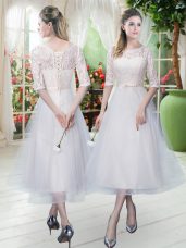 Low Price Tea Length White Prom Evening Gown Tulle Half Sleeves Lace