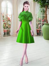 Green A-line Satin High-neck Cap Sleeves Ruffled Layers Knee Length Lace Up Dress for Prom