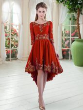 High Quality High Low Red Prom Dress Scoop Long Sleeves Lace Up