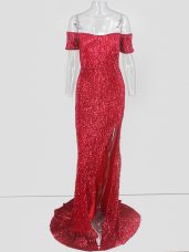 Sumptuous Red Mermaid Off The Shoulder Short Sleeves Sweep Train Sequins Evening Dress