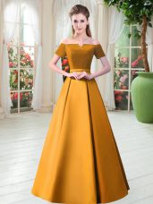 Sexy Gold Lace Up Prom Dress Belt Short Sleeves Floor Length