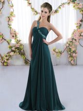 Top Selling Peacock Green Empire Chiffon One Shoulder Sleeveless Beading Lace Up Bridesmaid Dresses Brush Train