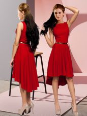 Scoop Sleeveless Prom Dress High Low Belt Red