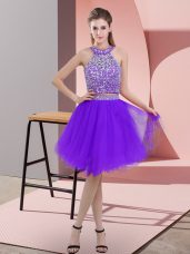 Traditional Purple Organza Backless Casual Dresses Sleeveless Knee Length Beading