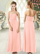 Peach Sleeveless Lace Ankle Length Prom Evening Gown