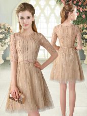 Traditional Scoop Half Sleeves Zipper Prom Dress Champagne Tulle