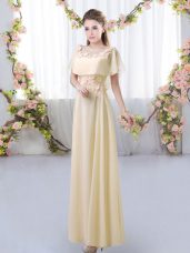 Custom Designed Floor Length Zipper Bridesmaids Dress Light Yellow for Prom and Party and Wedding Party with Appliques