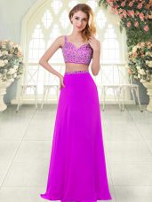Purple Two Pieces Beading Prom Party Dress Zipper Chiffon Sleeveless Floor Length