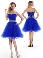 Royal Blue Sleeveless Beading Knee Length Party Dress for Girls