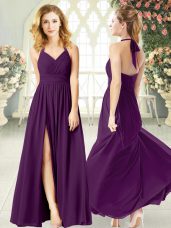 Sleeveless Chiffon Floor Length Backless Evening Outfits in Purple with Ruching