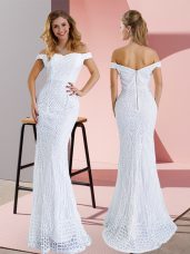 White Mermaid Off The Shoulder Sleeveless Ruching Zipper Prom Evening Gown Sweep Train