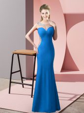 Sleeveless Satin Floor Length Zipper Juniors Evening Dress in Blue with Beading