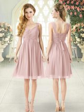Pretty Straps Sleeveless Homecoming Dress Knee Length Ruching Pink Chiffon