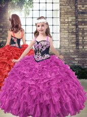 Fuchsia Organza Lace Up Pageant Dress for Womens Sleeveless Floor Length Embroidery and Ruffled Layers