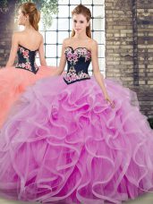 Customized Lilac Ball Gowns Tulle Sweetheart Sleeveless Embroidery and Ruffles Lace Up Quinceanera Gowns Sweep Train