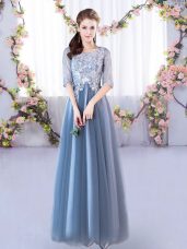 Amazing Blue Tulle Lace Up Scoop Half Sleeves Floor Length Wedding Guest Dresses Lace
