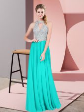 Adorable Satin Halter Top Sleeveless Backless Beading and Lace Prom Gown in Turquoise