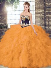 Sleeveless Floor Length Beading and Embroidery Lace Up Quinceanera Gowns with Orange