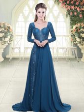 Fashionable Blue Long Sleeves Sweep Train Beading and Lace Prom Party Dress