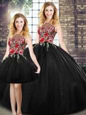 Dramatic Black Ball Gowns Tulle Scoop Sleeveless Embroidery Floor Length Zipper Sweet 16 Quinceanera Dress