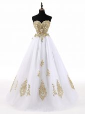 Sleeveless Floor Length Beading and Appliques Lace Up Vestidos de Quinceanera with White