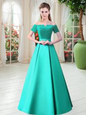 Glittering Turquoise A-line Off The Shoulder Short Sleeves Satin Floor Length Lace Up Belt Evening Party Dresses