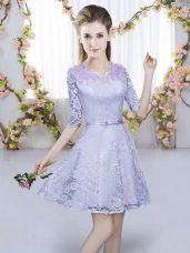 Classical Lavender A-line Lace V-neck Half Sleeves Belt Mini Length Zipper Dama Dress