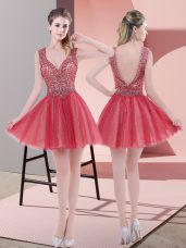 Captivating V-neck Sleeveless Prom Party Dress Mini Length Beading Watermelon Red Tulle
