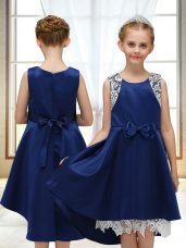 Satin Scoop Sleeveless Zipper Lace and Bowknot Toddler Flower Girl Dress in Navy Blue