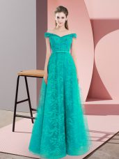 Nice Turquoise Evening Dress Prom and Party with Beading and Lace Off The Shoulder Sleeveless Lace Up