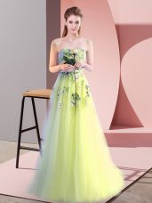 Floor Length Yellow Green Prom Dress Tulle Sleeveless Appliques