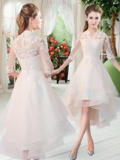 Simple High-neck Half Sleeves Tulle Prom Dress Appliques Zipper