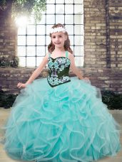 Aqua Blue Tulle Lace Up Straps Sleeveless Floor Length Winning Pageant Gowns Embroidery and Ruffles