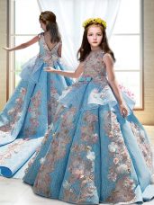 Sleeveless Appliques Backless Child Pageant Dress with Blue Court Train