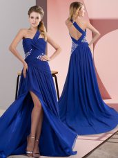 New Style Sleeveless Chiffon Sweep Train Backless Dress for Prom in Royal Blue with Beading and Ruching