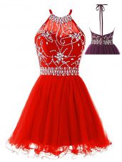 Edgy Mini Length Backless Prom Gown Red for Prom and Party with Beading