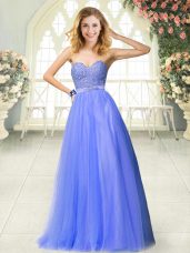 Fashion Blue A-line Tulle Sweetheart Sleeveless Beading Floor Length Zipper Party Dress Wholesale