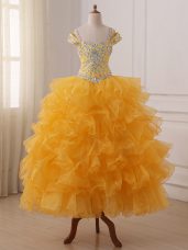 Sleeveless Organza Floor Length Lace Up Winning Pageant Gowns in Gold with Beading and Ruffled Layers