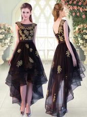 Custom Designed Appliques Prom Gown Black Lace Up Cap Sleeves High Low