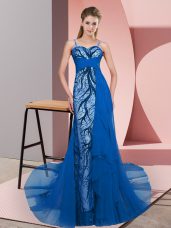 Lovely Beading and Lace Prom Gown Blue Zipper Sleeveless Sweep Train