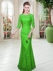 Best Selling Green Zipper Prom Gown Lace Half Sleeves Floor Length