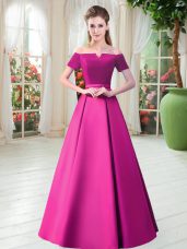 Gorgeous Fuchsia Short Sleeves Floor Length Belt Lace Up Evening Dress