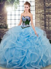 Glittering Sweetheart Sleeveless Sweep Train Lace Up Sweet 16 Dresses Baby Blue Tulle