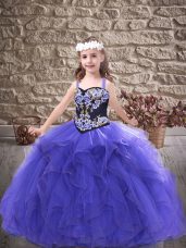 Simple Embroidery and Ruffles Pageant Dresses Purple Lace Up Sleeveless Floor Length