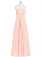 Floor Length Pink Evening Gowns Chiffon Sleeveless Lace and Appliques