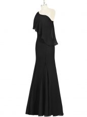 Modest Black Chiffon Side Zipper One Shoulder Sleeveless Floor Length Evening Party Dresses Ruching