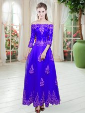 Floor Length Purple Prom Party Dress Off The Shoulder 3 4 Length Sleeve Lace Up