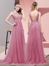 Clearance Scoop Sleeveless Tulle Evening Dress Lace Sweep Train Lace Up